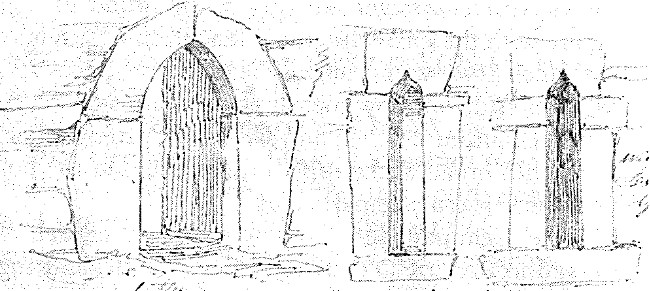 Doorway of Virgin's chapel [left]; East window, the Virgin's chapel [centre]; Window in Cathedral [right].