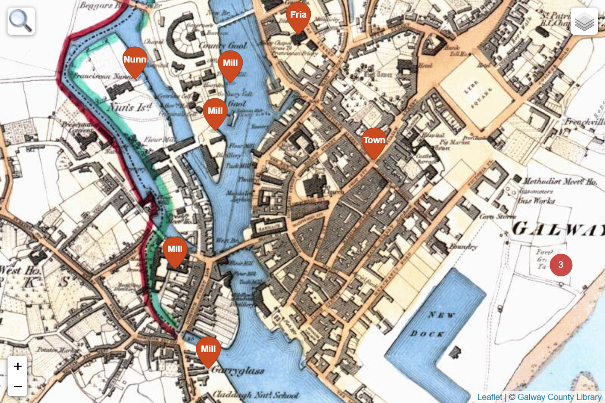 screenshot of Galway town on a 1840 Ordnance Survey Six-Inch map