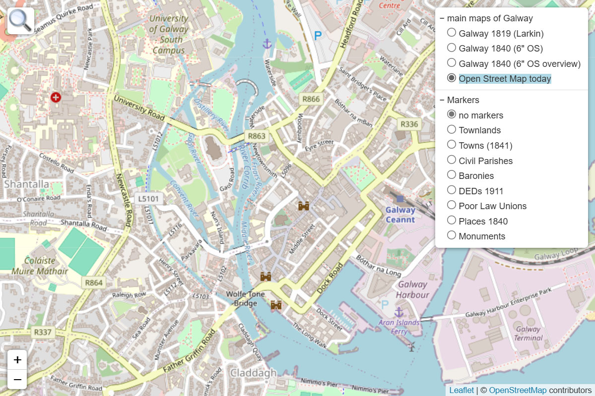 screenshot of Galway city centre on an Open Street Map